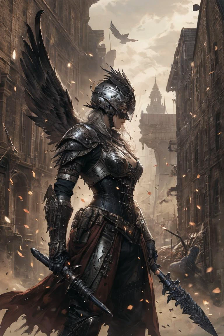 masterpiece, best quality, highres, 1girl, wearing hi tech armor, science fiction, eagle shaped helmet, silver theme, spear, battle stance, gauntlet, corset <lora:CL-cyberhelmetv0.7:0.15> cyberhelmet <lora:Winged helmet:0.5> winged helmet <lora:MECH-ParrleyFLEX:0.15> Parrley_armor <lora:Bloodborne-000075:0.5> Bloodborne<lora:EF-GoodHands-beta2:0.5><lora:EF-GoodHands-beta2:0.5>