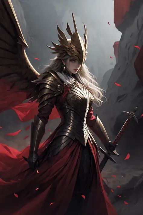 1girlsolojewelryearringshelmetholding weaponholding sword
Malenia in Elden Ring, dragon scale hat, in the style of epic fantasy scenes, gold and crimson,golden helmet,ritualistic masks with gold wings spread on it, mythical,Petals drift around her as her once-pristine form undergoes a graceful decay,glowing crimson eyes,in the underground cave with light shooting through the hole on the top,32k uhd,   painted by MichaelCTY(Chang Ting Yu),medieval knight armor,in the style of Dark Soul!b,painted by hamaya and macros,dark fantasy,majestic attire,captivating light,solarizing master,strong emotional impact,majestic figures
<lora:~Q?-Yskfy^ winged helmet:0.8>