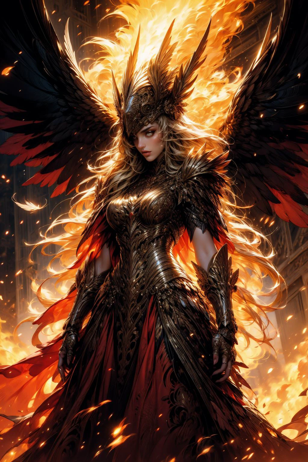 (masterpiece:1.1), (best quality:1.1), (intricate:1.1), (detailed:1.1), (ornate:1.1), (aesthetic:1.1), (vibrant colors:1.1), BREAK,
(epic:1.0), (fantasy:1.0), (cinematic:1.0), (from below:1.0), (glowing:1.2), (shiny:1.0), BREAK,
(cowboy shot:1.0), (solo:1.2), (valkyrie:1.1), (wings:1.0), (feathers:1.0), (winged helmet:1.0), <lora:winged_helmet:0.8>
(night.1.0), (fire:1.0), (sparks:1.0)