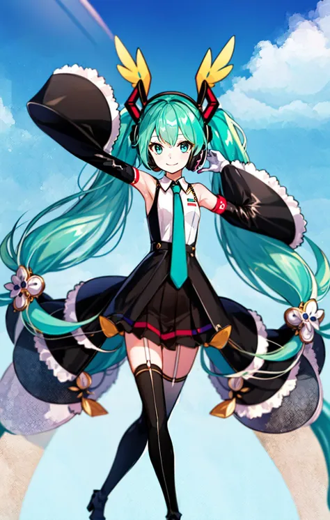 1girl, absurdly_long_hair, aqua_eyes, aqua_hair, arm_up, armpits, beach, boots, detached_sleeves, eyebrows_visible_through_hair, full_body, gloves, hatsune_miku, headphones, holding, long_hair, looking_at_viewer, miniskirt, necktie, ocean, shirt, skirt, sleeveless, smile, solo, thigh_boots, thighhighs, twintails, very_long_hair, water,<lora:style_fujichoko:1>