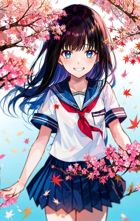 1girl, autumn_leaves, bangs, black_hair, blue_eyes, blue_sailor_collar, blue_skirt, blue_sky, blush, branch, cherry_blossoms, cowboy_shot, crying, envelope, flower, grin, hair_between_eyes, leaf, long_hair, long_sleeves, looking_at_viewer, maple_leaf, outdoors, petals, pink_flower, pleated_skirt, red_flower, ribbon, sailor_collar, school_uniform, serafuku, shirt, sign, skirt, sky, smile, solo, standing, tears, water, white_shirt <lora:style_fujichoko:1>