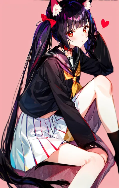 1girl, animal_ear_fluff, animal_ears, bangs, black_hair, black_sailor_collar, black_skirt, blush, bow, cardigan, cat_ears, cat_girl, cat_tail, hair_ribbon, heart, kemonomimi_mode, long_hair, long_sleeves, looking_at_viewer, low_twintails, off_shoulder, pleated_skirt, purple_background, red_background, red_eyes, ribbon, sailor_collar, school_uniform, serafuku, shirt, simple_background, sitting, skirt, solo,tail_ornament, tail_raised, tail_ribbon, twintails, white_shirt <lora:style_fujichoko:1>