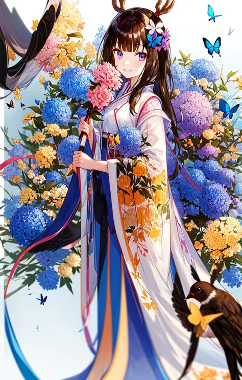 1girl, aircraft, airplane, animal, animal_on_head, bangs, bee, beetle, bird, bird_on_hand, bird_on_head, bird_on_shoulder, birdcage, blue_butterfly, blue_flower, blue_rose, blue_wings, blunt_bangs, blurry, brown_eyes, brown_hair, bug, butterfly, butterfly_hair_ornament, butterfly_net, butterfly_on_hand, butterfly_print, butterfly_wings, cage, chinese_clothes, closed_mouth, colorful, day, deer, dragonfly, eyebrows_visible_through_hair, fairy, flock, flower, folding_fan, frills, ginkgo_leaf, glowing_butterfly, hair_flower, hair_ornament, hand_net, holding, holding_umbrella, hydrangea, insect_wings, kashiwazaki_sena, long_hair, long_sleeves, looking_at_animal, looking_at_viewer, oil-paper_umbrella, on_head, origami, paper_crane, pink_flower, pink_rose, pinwheel, purple_flower, purple_rose, rainbow_order, red_flower, red_rose, rose, smile, solo, sparrow, spider, spring_\(season\), squiggle, tree, umbrella, very_long_hair, white_butterfly, wide_sleeves, wisteria, yellow_butterfly, yellow_flower <lora:style_fujichoko:1>