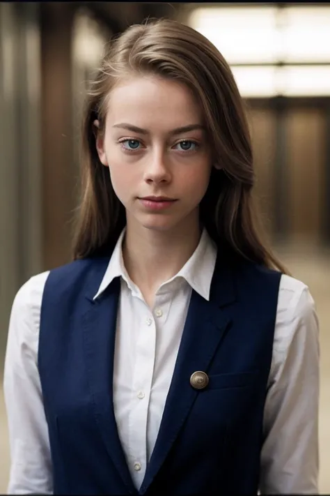 photo of L4ur3nD3Gr44f_HM-135, a woman, perfect hair, (modern photo), wearing button-up shirt, vest, slacks, 135mm standard (analog, cinematic, film grain:1.3), Quantum Computing Lab, Research facility with superconducting qubits, quantum algorithms, and entanglement experiments., detailed eyes, professional pose, (epiCPhoto), (looking at viewer:1.1), (cinematic shot:1.3), (short style lighting), OverallDetail, SkinHairDetail