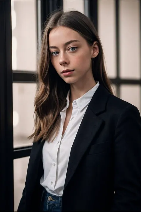 photo of L4ur3nD3Gr44f_HM-135, a woman, perfect hair, (modern photo), wearing black jeans, black button-up shirt, wool coat, 28mm medium telephoto (analog, cinematic, film grain:1.3), Space Station, High-tech environment with zero-gravity corridors, advanced controls, sleep pods, and cosmic views., detailed eyes, professional pose, (epiCPhoto), (looking at viewer:1.1), (cinematic shot:1.3), (short style lighting), OverallDetail, SkinHairDetail