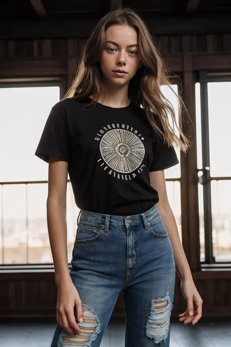 photo of L4ur3nD3Gr44f_HM-135, a woman, perfect hair, (modern photo), wearing graphic tee and ripped jeans, 50mm standard (analog, cinematic, film grain:1.3), Energy Harvesting Facility, Complex harnessing energy from solar, wind, and advanced fusion reactors., detailed eyes, professional pose, (epiCPhoto), (looking at viewer:1.1), (cinematic shot:1.3), (Rembrandt style lighting), OverallDetail, SkinHairDetail