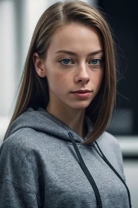 photo of L4ur3nD3Gr44f_HM-135, a woman, perfect hair, (modern photo), wearing hoodie and sweatpants, 85mm standard (analog, cinematic, film grain:1.3), Transhumanist Clinic, Clinic offering cybernetic implants, genetic modifications, and neural enhancements., detailed eyes, professional pose, (epiCPhoto), (looking at viewer:1.1), (cinematic shot:1.3), (hard style lighting), OverallDetail, SkinHairDetail
