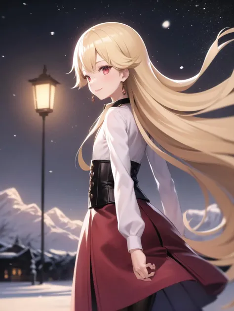 best quality, (masterpiece:1.2), illustration, absurdres,
(1girl, solo), (beautiful detailed girl), from behind, ass, ass focus,
<lora:Roselia-06:0.8>, Roselia Millstein, blond hair, very long hair, red eyes, flat chest,
necklace, earrings, white shirt, long sleeves, red laced corset, long skirt, red skirt, purple pantyhose, brown boots,
smile,
winter, snowfall, snowy mountains, snow, snowy pine trees, freezing weather, frost, chill, wind, windy, winter , night, nighttime, starry sky, wooden fence, distant village, distant lights, lantern,