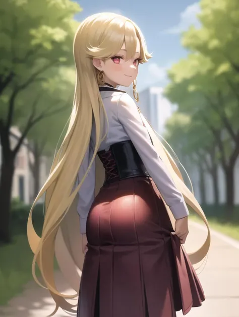 best quality, (masterpiece:1.2), illustration, absurdres,
(1girl, solo), (beautiful detailed girl), from behind, ass, ass focus,
<lora:Roselia-06:1>, Roselia Millstein, blond hair, very long hair, red eyes, flat chest,
necklace, earrings, white shirt, long sleeves, red laced corset, long skirt, red skirt, purple pantyhose, brown boots,
smile,
park, sky, clouds, trees, buildings,