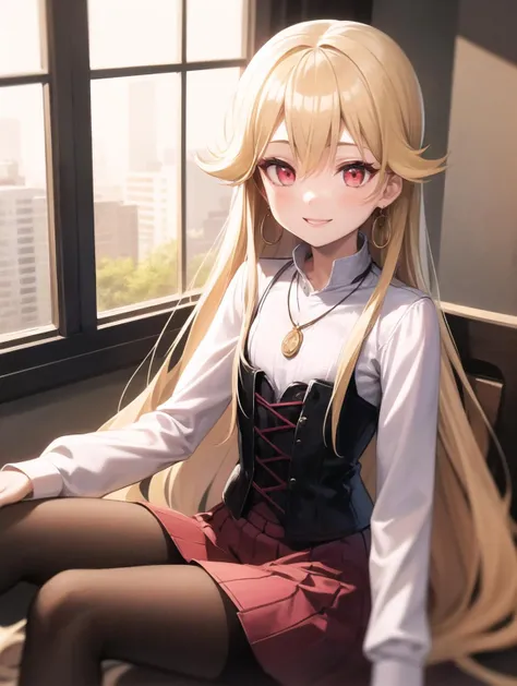 best quality, (masterpiece:1.2), illustration, absurdres,
(1girl, solo), (beautiful detailed girl), (upper body, portrait),,
<lora:Roselia-06:0.8>, Roselia Millstein, blond hair, very long hair, red eyes, flat chest,
necklace, earrings, white shirt, long sleeves, red laced corset, long skirt, red skirt, purple pantyhose, brown boots,
smile,
inside trendy cafe, window, day, godrays, sunlight, buildings,