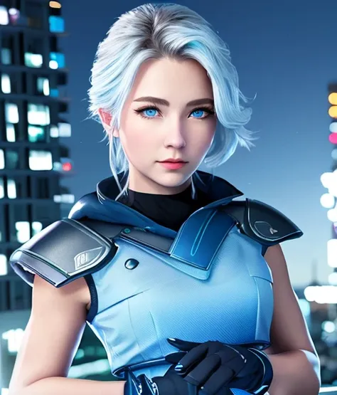 RAW photo, photorealistic,masterpiece,best quality,masterpiece, jett, ((flat chest)), upper body, 1girl, solo, blue eyes, gloves, cityscape, night