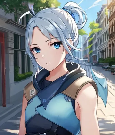 painting,masterpiece,best quality,masterpiece, jett, ((flat chest)), upper body, 1girl, solo, blue eyes, gloves, street, sunshine