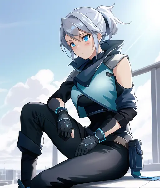 jett, sitting on the chair, full body, blush, looking away, 1girl, solo, blue eyes, gloves, weapon, dynamic angle, detailed outdoor lighting, masterpiece