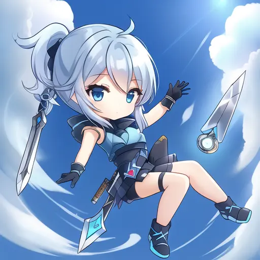 jett,chibi, flying, floating, sky, full body, cute, 1girl, solo, blue eyes, gloves, weapon, detailed outdoor lighting, masterpiece