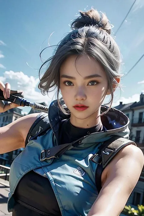 <lora:ValorantJett:0.8>,jett, flying, floating, sky, upper body, 1girl, solo, blue eyes, gloves, weapon, dynamic angle, detailed outdoor lighting, masterpiece,best quality, masterpiece, (photorealistic:1.4)