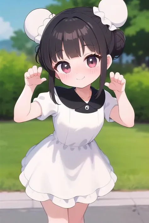 masterpiece,ultra detail,best quality,girl,petite,blush,ByouinjiYunna,hair bun, double bun,black hair,bun cover, bangs,smile,white summer dress,outdoor,paw pose, <lora:ByouinjiYunna:0.6>
