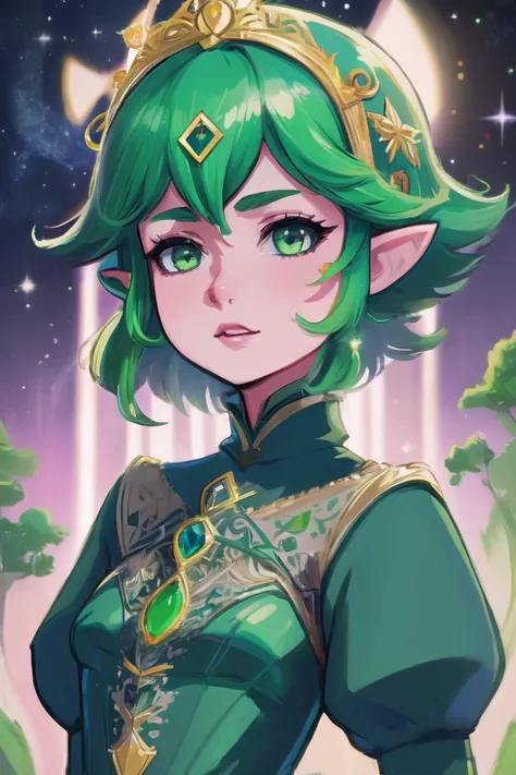 cosmic princess, 2d, digital art, short green hair, intricate details