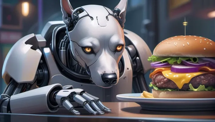 (masterpiece:1.3), realistic, realism, 8k, (best quality:1.2), entirely (cybernetic:1.2) dog in appearance only with cybernetic legs eyes and head and between its ears a visible brain inside a dome on top of its head, with robotic body, (drooling:1.4) (looking at a hamburger:1.4) on a plate, restaurant, cobble stone ground, no humans, (food porn:1.5), hyper realistic burger, fork, Milk, Textured, detailed, <lora:cyborg_style_xl:0.7> cyborg style, glowing eyes, (robot:1.4), cyborg, robotic metal (hard edges:1.2), snout with intake fans, <lora:add-detail-xl:0.9>, on all fours, standing, mouth open, (happy:1.4), smile, (Excited:1.1), ecstatic, Whiskers, Animal Ears, (Cute:1.3), (funny:1.2), (tall stacked burger:1.4), triple meat,