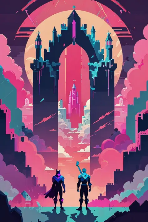 a two skinny figures and ring in a castle made of clouds in the style of hyper light drifter color pallet, half image, <lora:sdxl_lightning_8step_lora.safetensors:1.0>, <lora:add detail xl.safetensors:1.5>