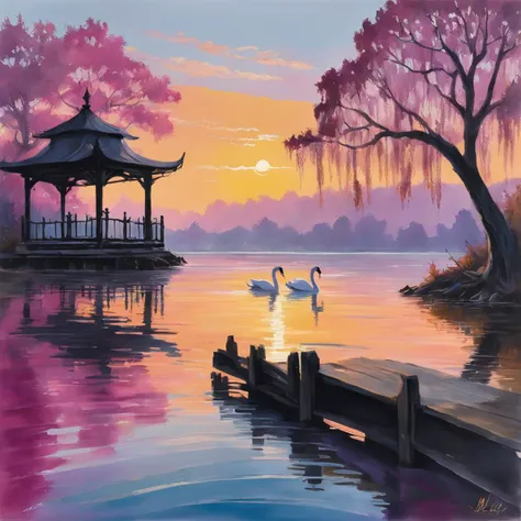 Beneath a sky painted with brilliant hues of magenta and amber, the sun casts its final golden rays across a tranquil, sapphire lake. The shimmering water reflects a kaleidoscope of colors, dancing and intertwining with each gentle ripple. On the bank, a weeping willow drapes its delicate branches towards the surface, its leaves caressed by a soft, whispering breeze. A family of swans glides gracefully on the lake, leaving behind a trail of undulating waves. In the distance, the silhouette of an old wooden jetty, worn by time, stretches out into the water, and at its end, a lone figure stands, casting a fishing line, capturing the serenity of the moment in his patient stance.