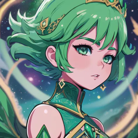 cosmic princess, 2d, digital art, bold outline, short green hair, intricate details