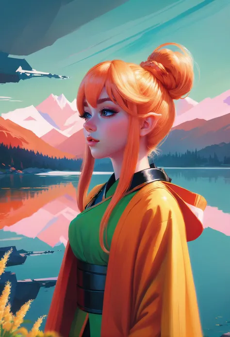 hyperrealistic digital painting by ilya kuvshinov, welcoming, 1girl, warpriest, elf, light goldenrod hair, Scene Hair,hair bun, (full body:0), [:revealing costume design:0.2], caucasian, gradient background, by a radioactive, Roman mountain lake, bombshell hair, red-orange hair, Scene Hair,long bombshell hair, walking, anime style, detailed background