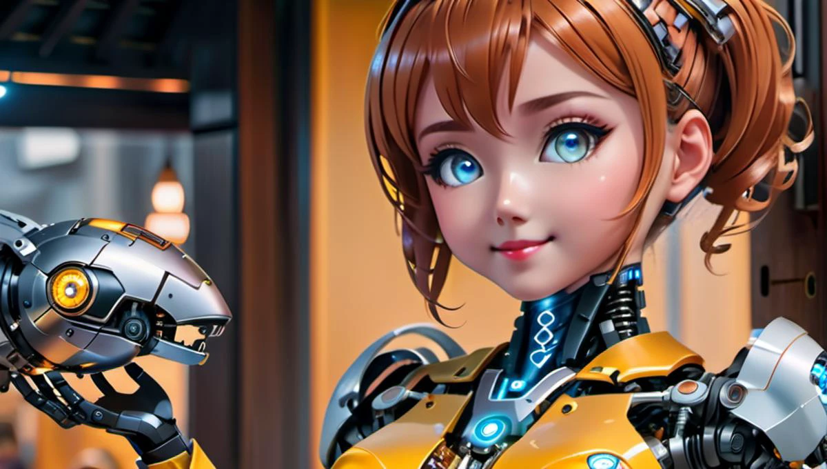 (((masterpiece))), (realistic:1.3), ((realism)), 8k,16k,( photo realistic:1.3 (best quality:1.2), ((1mechanical girl)) petting her small (mechanical dog:1.3), restaurant setting, (food porn:1.2), Textured, detailed, <lora:cyborg_style_xl:0.4> cyborg style, glowing eyes, (robot:1.3), cyborg, robotic metal (hard edges:1.2), <lora:add-detail-xl:0.7>, (happy:1.3), smile, (Excited:1.1), ecstatic, Whiskers, Animal Ears, (Cute:1.3), (funny:1.2), (cybernetic:1.6), (Cyborg:1.3), science fiction, cyberpunk, <lora:Amouranth-XL:0.6>, <lora:cortana:0.1> highres, short hair, hologram, <lora:Future_Citys_xl:0.2> (cityscape:1.1), concept art, hand on dog, petting dog, <lora:wowifierXL:0.5> mooncryptowow, tattoos, complex, (medium sized dog being petted:1.2), small dog, (petting:1.4), cute, (good boy:1.1), best boy, Clear, Sharp image, Clear image, <lora:jijia_xl:0.5> mecha, science fiction, armor, robot, <lora:bcklt:0.4> , (full lips:1.2), (beautiful smile:1.2), (black and yellow armor:1.2), black and yellow armor, blue eyes