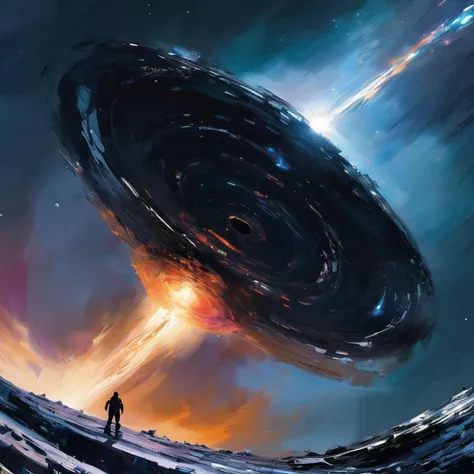 stunning sci-fi digital painting, palette knife, photoshop acrylic brushes, ("at the edge of supermassive black hole"), (masterpiece, best_quality, ultra-detailed, immaculate:1.3), epic, illustration<lora:EnvyRoughOilXL_01:1>