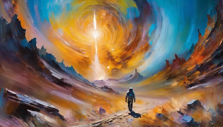 stunning far-future painting, palette knife, photoshop oil+mixed media brushes, ("at the forbidden Quasar, Motion blur":1.2), in a ghost town, (masterpiece, best_quality, ultra-detailed, immaculate:1.3), epic, illustration<lora:EnvyRoughOilXL_01:.3>