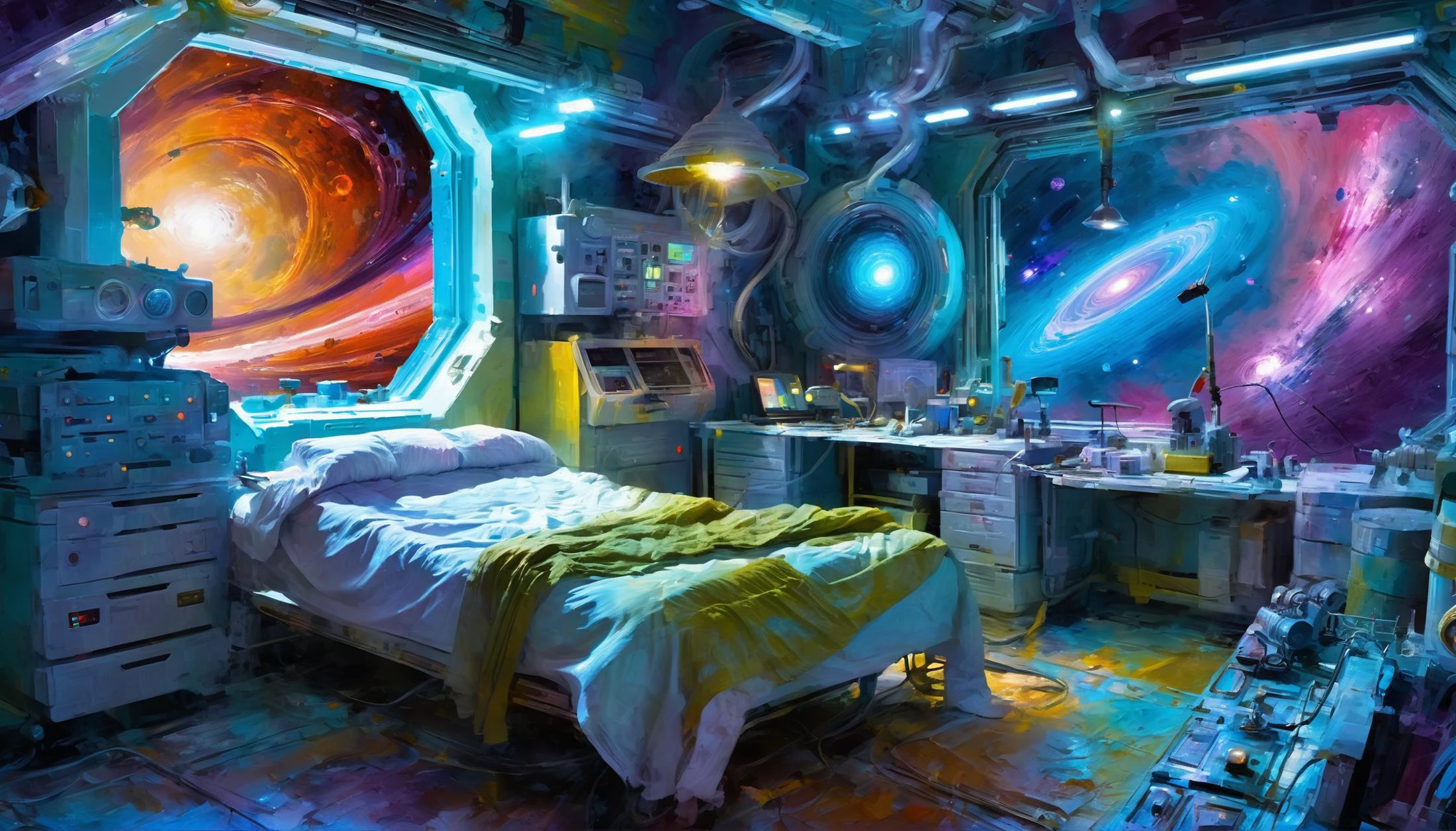 creepy sci-fi digital painting, palette knife, photoshop building+impressionism brushes, ("at the Intergalactic Factory, Macro":1.2), in a bedroom, (masterpiece, best_quality, ultra-detailed, immaculate:1.3), epic, illustration<lora:EnvyRoughOilXL_01:0.5>
