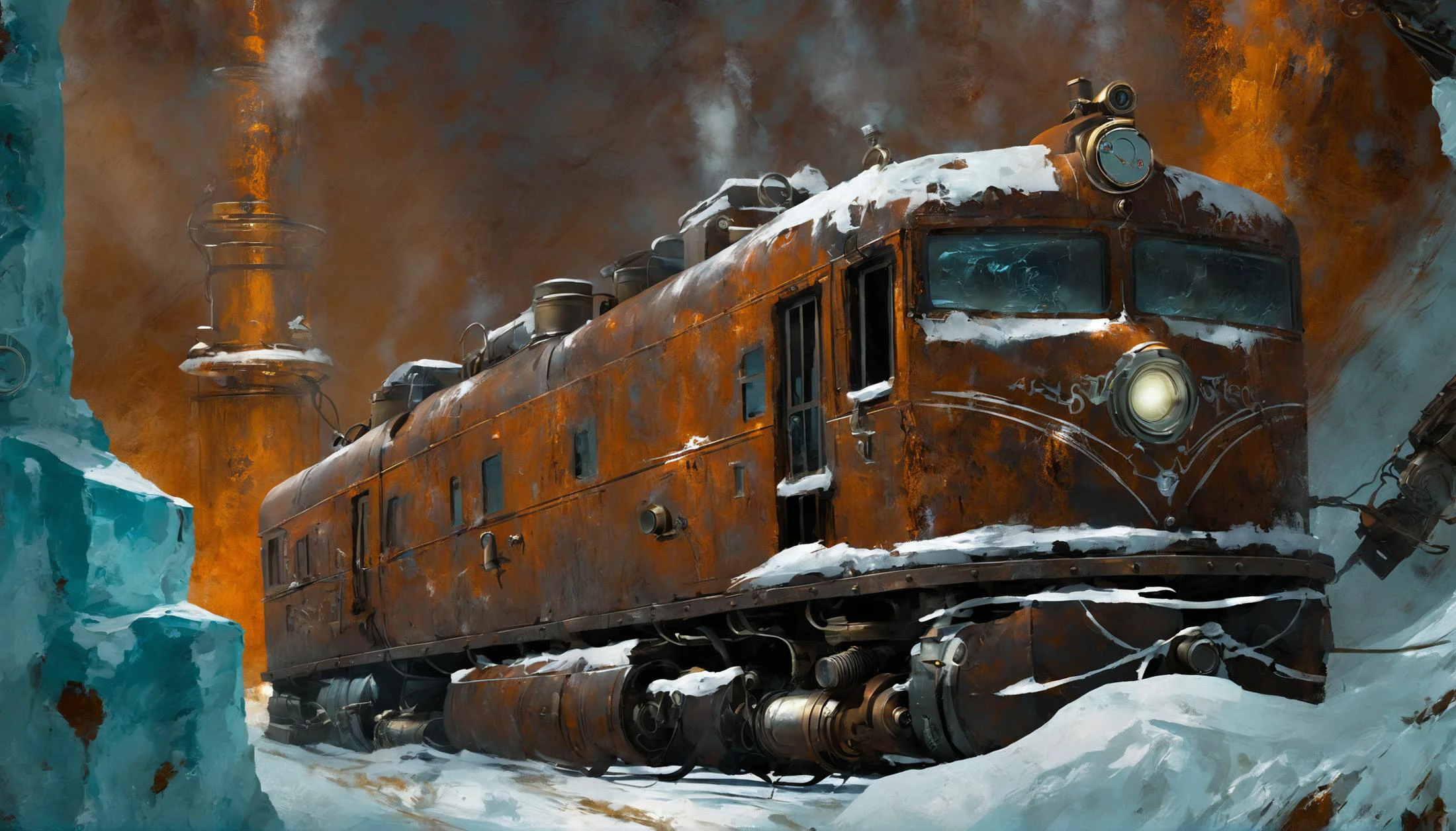 dramatic steampunk digital painting, palette knife, photoshop oil+acrylic brushes, ("at the final Precipice, Rusty":1.2), in a frozen room, (masterpiece, best_quality, ultra-detailed, immaculate:1.3), epic, illustration<lora:EnvyRoughOilXL_01:1>