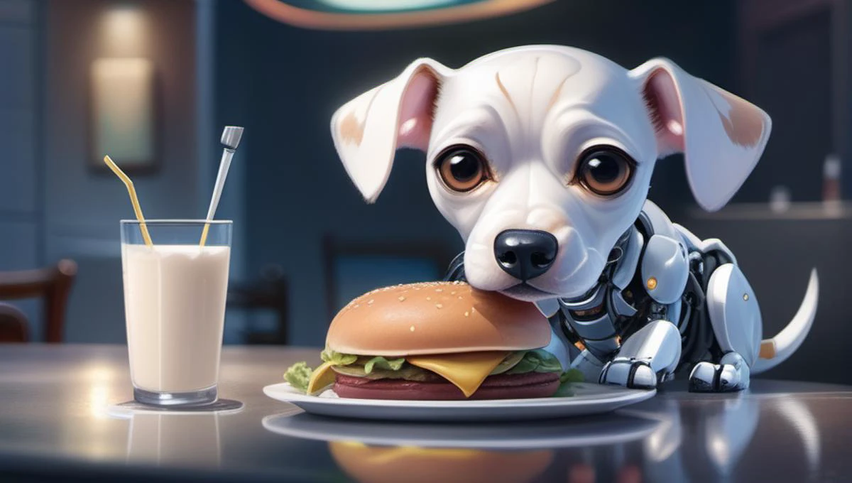 (masterpiece:1.2), realistic, realism, 8k, best quality, (Cute:1.2) entirely cybernetic dog that is dog only in appearance with cybernetic legs eyes and a small dome head between its ears with a visible brain inside a dome on top of its head, with robotic body, (drooling:1.2) (looking at a hamburger:1.3) on a plate, restaurant, cobble stone ground, <lora:3d_render_style_xl:0.3> 3d style, no humans, (food porn:1.4), hyper realistic burger, fork, Milk, Textured, detailed, <lora:cyborg_style_xl:0.6> cyborg style, glowing eyes, (robot:1.4), cyborg, robotic metal (hard edges:1.2), snout with intake fans, (dalmatian:0.4), <lora:add-detail-xl:0.8>, on all fours, standing, mouth open, (happy:1.3), smile, (Excited:1.1), ecstatic, Whiskers, Animal Ears,
