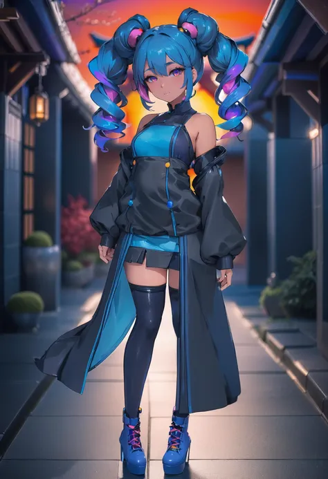 beautiful woman with vivid sunset hair with slate blue highlights, Space Buns, outlandishly sexy costume design, full body, in a courtyard, japanese, warm lighting,dramatic lighting,saturated colors,high contrast