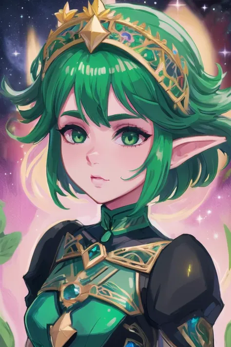 cosmic princess, 2d, digital art, short green hair, intricate details