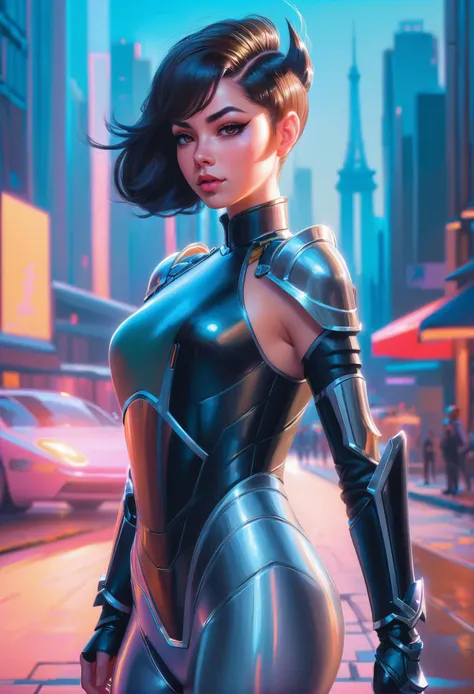 hyperrealistic digital painting by ilya kuvshinov, elf paladin villainess, (armor:1.3), muted brown hair, hime cut, tiptoes, gradient background, in futuristic Paris, bombshell hair, light black hair, Pompadour Quiff,multcolored hair, arms behind head, anime style, detailed background