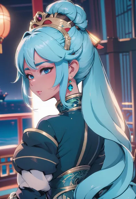 beautiful woman with light blue hair, half updo, elaborate costume design, (full body:1.3), on a ship, chinese, pastel colors,warm lighting,dramatic lighting,high contrast