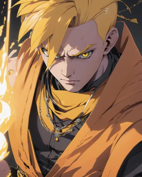 elaborate portrait of a monk by Laurey Greasley and Takeshi Obata, desire to achieve enlightenment, nirvana, yellow, orange, cyberpunk, detailed, realistic, 8k uhd, high quality