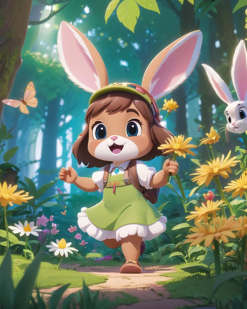 A sunny afternoon in a magical forest where an anthropomorphic bunny explorer encounters forest fairies. Rendered in Pixar style with abundant plants, flowers, idyllic weather, and volumetric lighting during golden hour. , detailed, realistic, 8k uhd, high quality