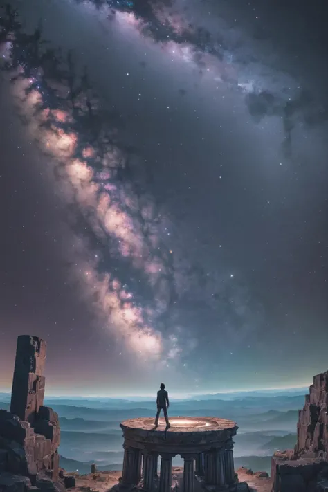 <lora:mwh3l4n:1> man stands on the ruins of a pillar at night looking at a spiral galaxy in the sky