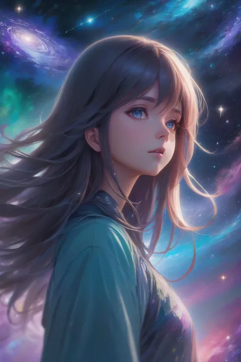 (masterpiece, best quality, highres, anime, pixiv), (1girl, long hair, looking at viewer, floating), (galaxy, starry), (abstract, abstract background, detailed, 8k),