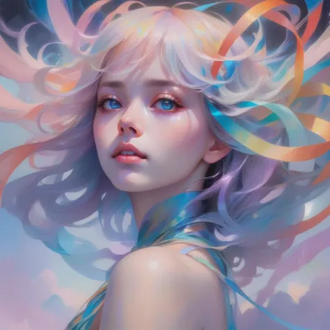 james jean, floating female figure made of ribbons, smoke, in the sky, colorful and vibrant, mystical colors, contemporary impressionism, yanjun cheng portrait painting, iridescent painting, 3/4 perspective view, cute face, low angle, sweeping circling composition, large beautiful crystal eyes, big irises, UHD, HDR, 8K, (Masterpiece:1. 5), (the most beautiful portrait in the world:1.5)