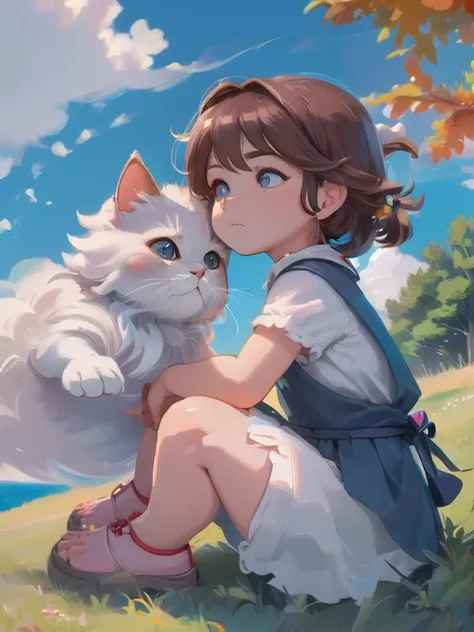 little girl sitting on the hill looking at sky, with her hair blowing in clear day, with cat, (blue sky:1.25), sideway glance, young girl, cloud, endless sea, noon, summer, floating hair, cumulus clouds, forest, tree, face focus, cute