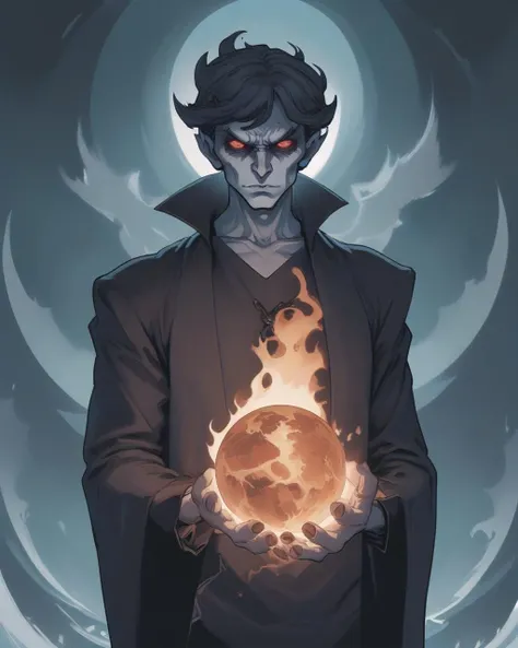 an evil demon man holding the world in the palm of his hands, grim, dark, flame lighting, (style of becky cloonan)