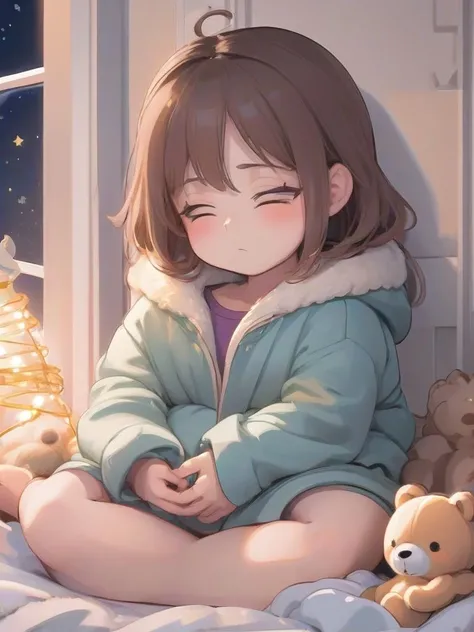 cute little girl sleeping comfortably on a bed, covered with a blanket, stuffed animal, string lights on the wall, window, cozy and comforting atmosphere, nighttime, wonder, pixiv,