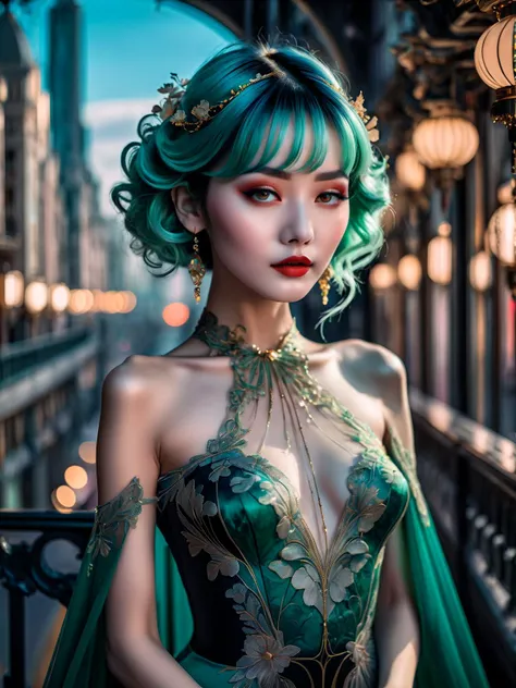 ultra-detailed, gorgeous, short jade-dyed hair, golden eyes, fantasy style dress, blushing, confident expression and pose, city backdrop, high stylization, depth of field, bokeh effect, backlit, stylish, elegant, breathtaking visual richness, full body shot, masterpiece, Art Nouveau influences, Yoshitaka Amano-inspired ethereal beauty, Alphonse Mucha-style intricate floral patterns, cyberpunk neon cityscape, delicate lace and silk textures, whimsical yet dark atmosphere, surreal Tim Burton-esque architecture, glowing accents, otherworldly aura, provoking yet mysterious demeanor