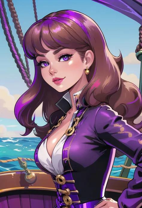 beautiful woman with glowing brown hair with violet highlights, bombshell hair,Razor Cut, outlandishly sexy costume design, , on a mid-century, aquatic pirate ship, ,