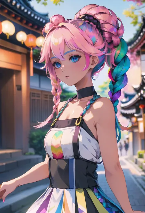 action shot, beautiful woman with pastel rainbow hair, Braided Updo, elaborate costume design, , on a Kyoto street, caucasian, warm lighting, anime, gouache on paper