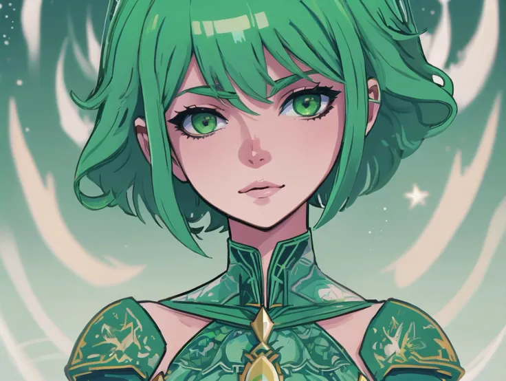 cosmic princess, 2d, digital art, bold outline, short green hair, intricate details