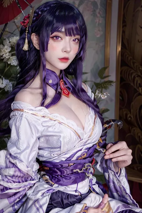 (raw photo:1.2),((photorealistic:1.4))best quality ,masterpiece, illustration, an extremely delicate and beautiful, extremely detailed ,CG ,unity ,8k wallpaper, finely detail, best quality,extremely detailed CG unity 8k wallpaper,absurdres, incredibly absurdres, huge filesize, ultra-detailed, highres, extremely detailed,beautiful detailed girl, extremely detailed eyes and face, beautiful detailed eyes,light on face,cinematic lighting,1girl, blunt bangs, braid, wide sleeves, hair ornament, japanese clothes, red obi, (purple hair:1.2), very long hair, straight hair, looking at viewer, highly detailed background, (photo realistic:1.2), detailed eyes, red eyeshadow, depth of field, symmetry eyes,