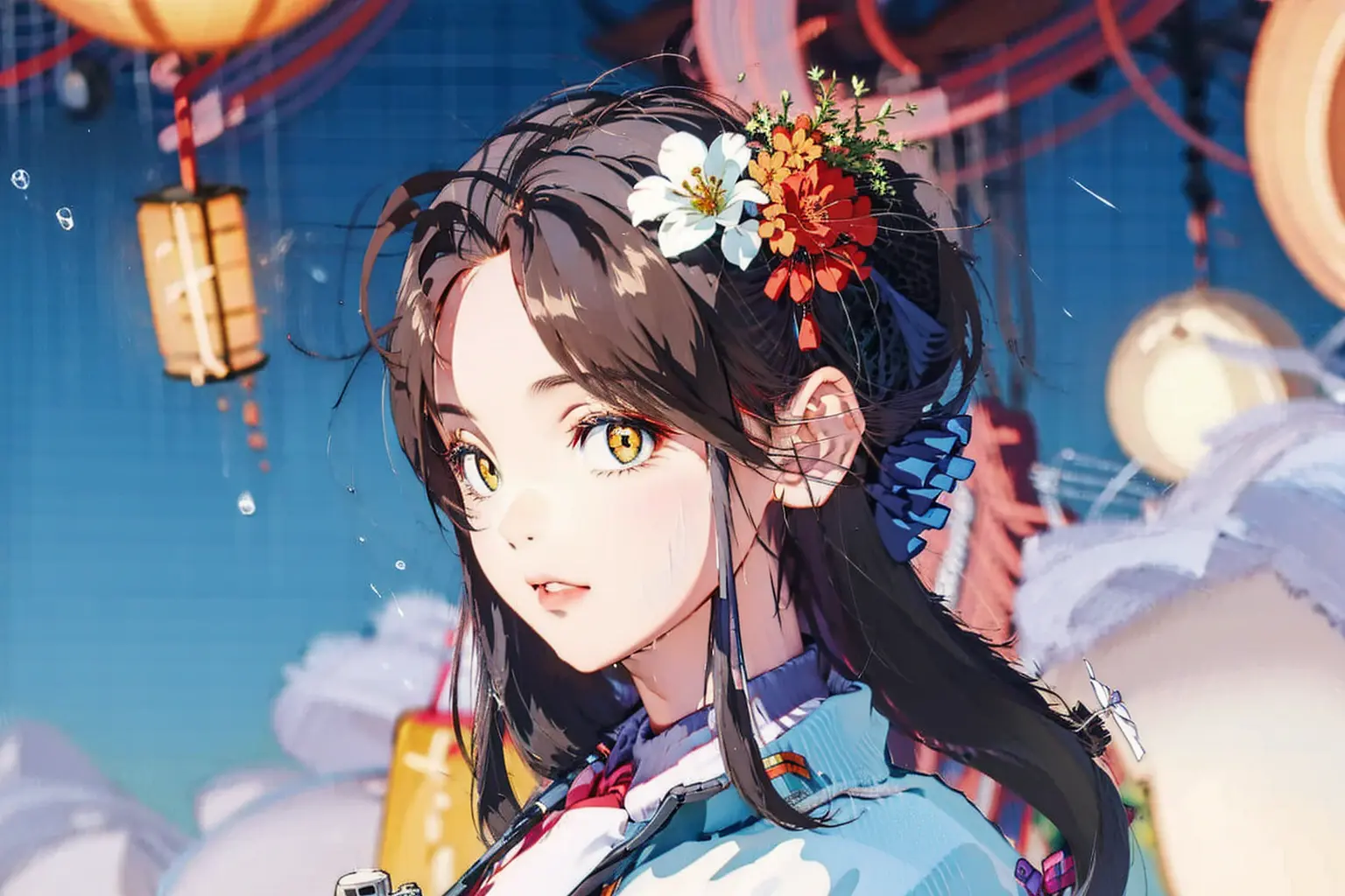 1girl, breasts, moon, lantern, night, solo, large breasts, hair ornament, wet, kimono, japanese clothes, wading, water, hair flower, flower, outdoors, sky, full moon, rain, black hair, off shoulder, mountain, cloud, holding, sash, bare shoulders, paper lantern, standing, white kimono, night sky, sideboob, obi, wet clothes, bangs, tree, from side, reflection, short hair, cloudy sky, wet hair {{(masterpiece),(extremely detailed CG unity 8k wallpaper),best quality,,solo,1girl,cinematic lighting,detailed background,beautiful detailed eyes,bright pupils, (an extremely delicate and beautiful),(Beautiful and detailed eye description), ultra-detailed,masterpiece,}}, <lora:cnGirlYcy_v10:1.5>